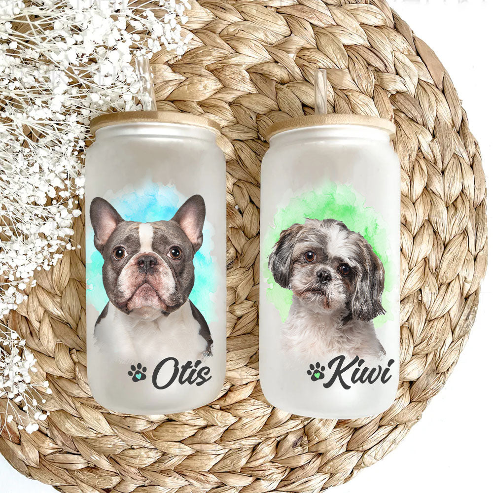 Custom Dog Cat Photo Portraits With Paws Glass Can With Lid & Straw, Pet Lover Gift