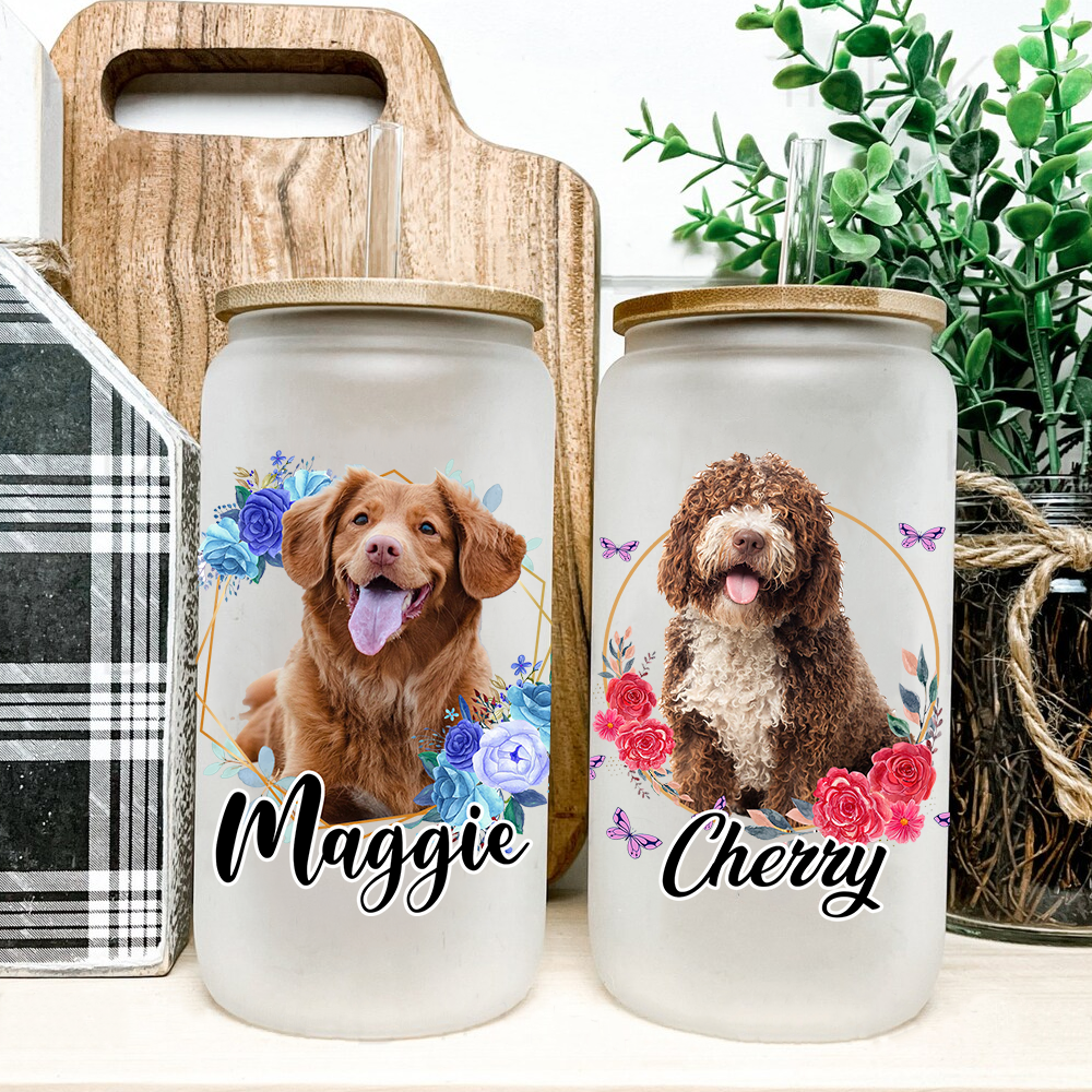 Personalized Multicolor Floral Butterfly Dog Cat Photo Glass Can With Lid & Straw