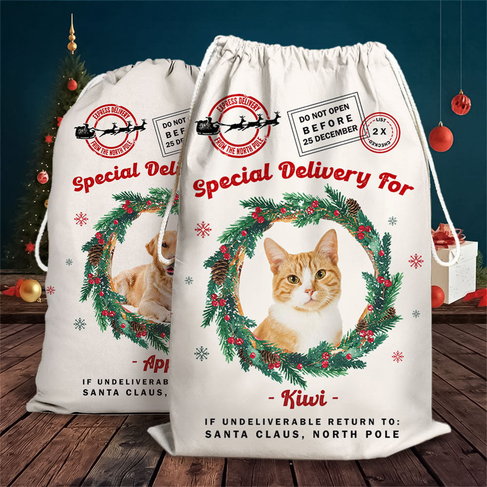 Personalized Santa Sack - Christmas Gift For Family & Pet Lover - Photo With Round Wreath