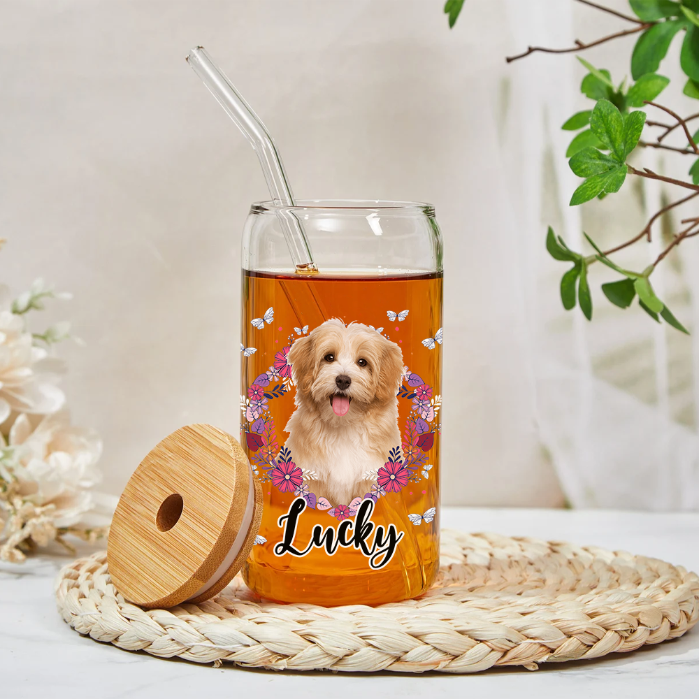 Personalized Multicolor Floral Butterfly Dog Cat Photo Glass Can With Lid & Straw