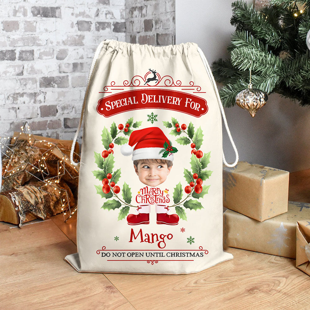 Personalized Santa Sack - Christmas Gift For Family - Holly Christmas Costume Face Photo