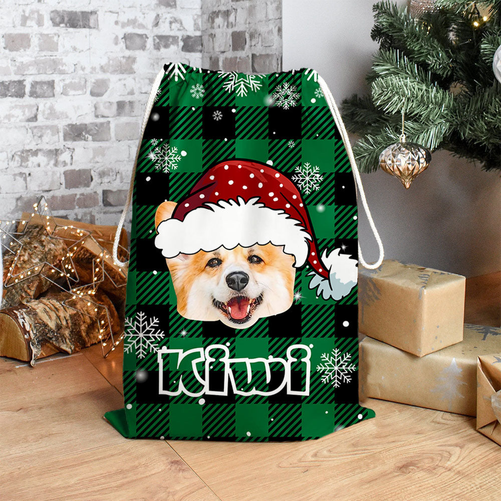 Personalized Santa Sack - Christmas Gift For Pet Lovers - Plaid Pattern Face Photo