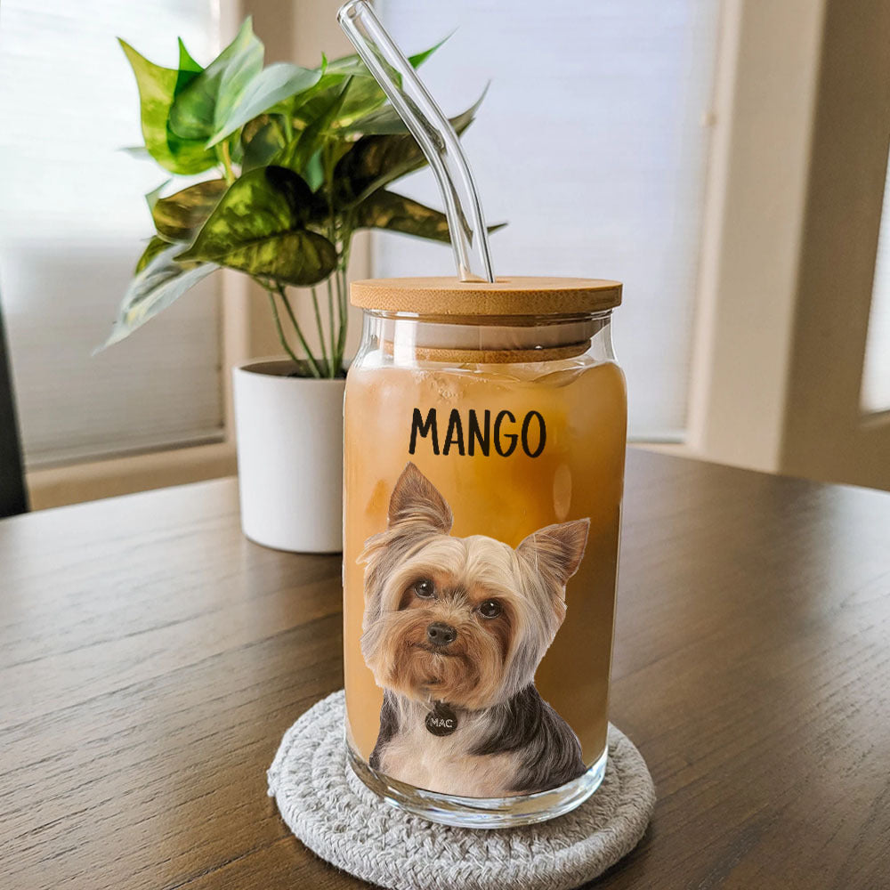 Custom Portrait Photo Glass Can With Lid & Straw, Pet Lover Gift