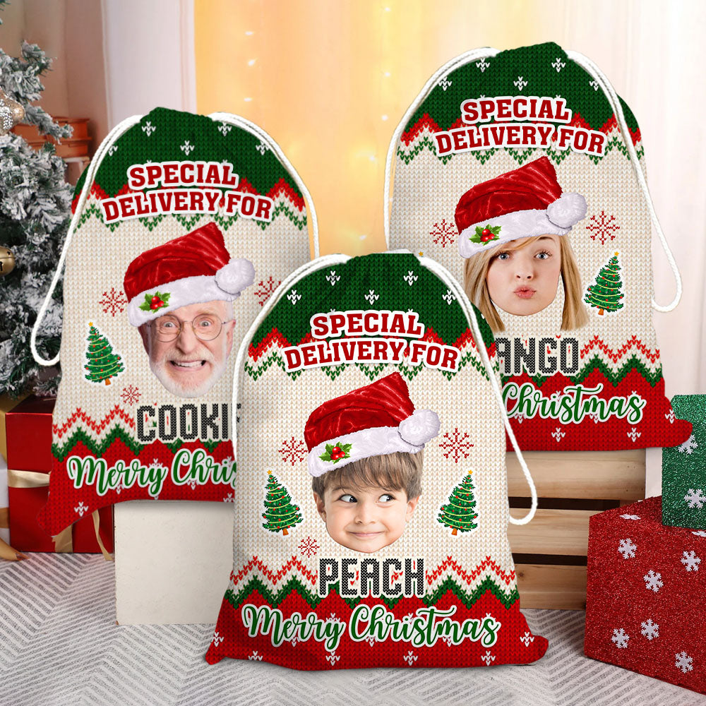 Personalized Santa Sack - Christmas Gift For Family - Ugly Sweater Pattern Face Photo