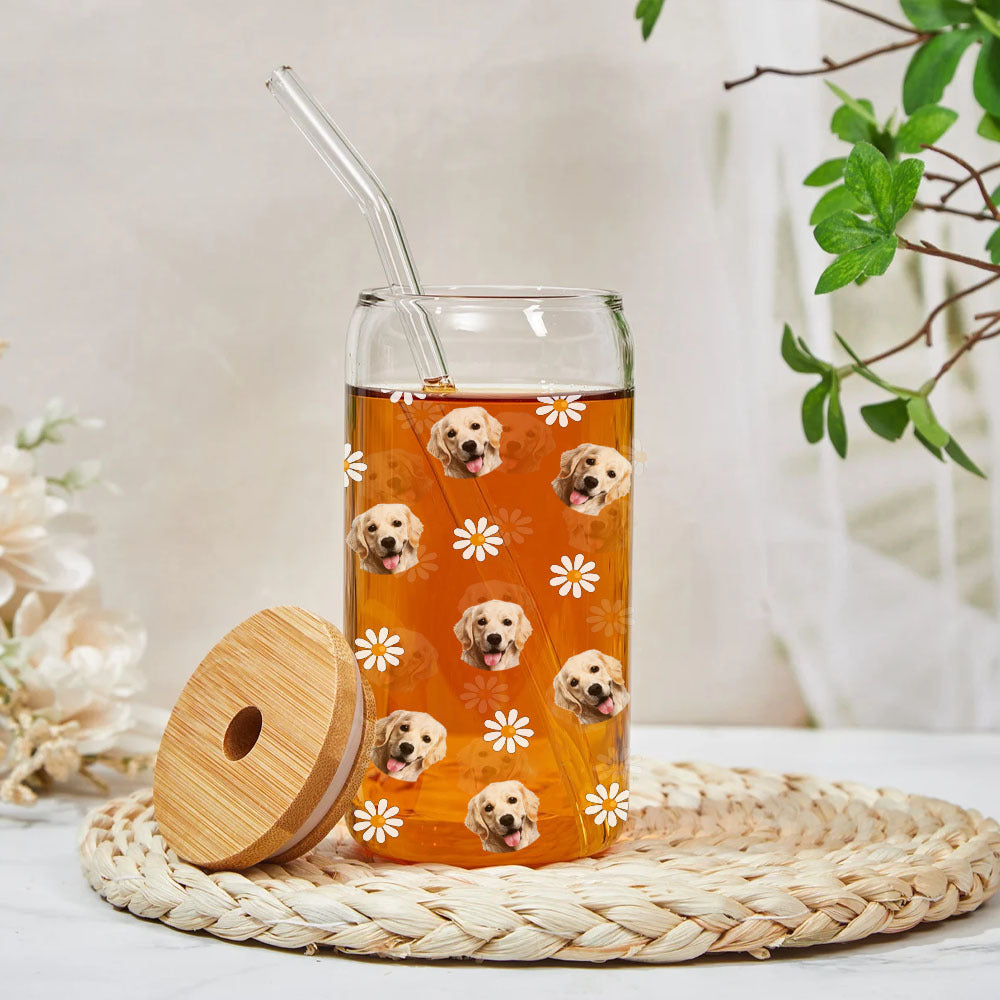 Custom Photo Face Glass Can With Lid & Straw, Pet Lover Gift