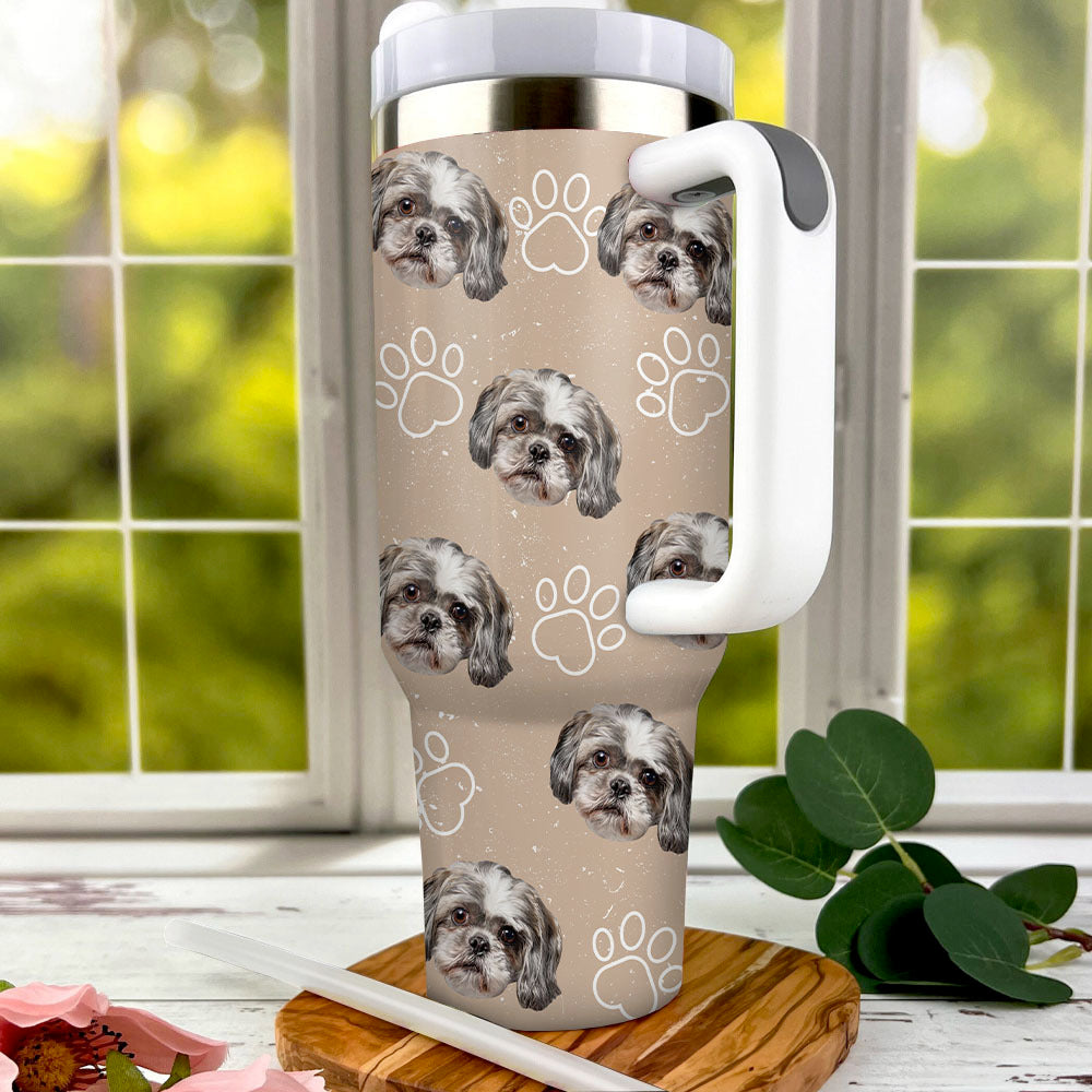 Personalized 40 oz Tumbler With Handle and Straw Lid - Gift For Pet Lovers - Dog Cat Face Photo Retro Style