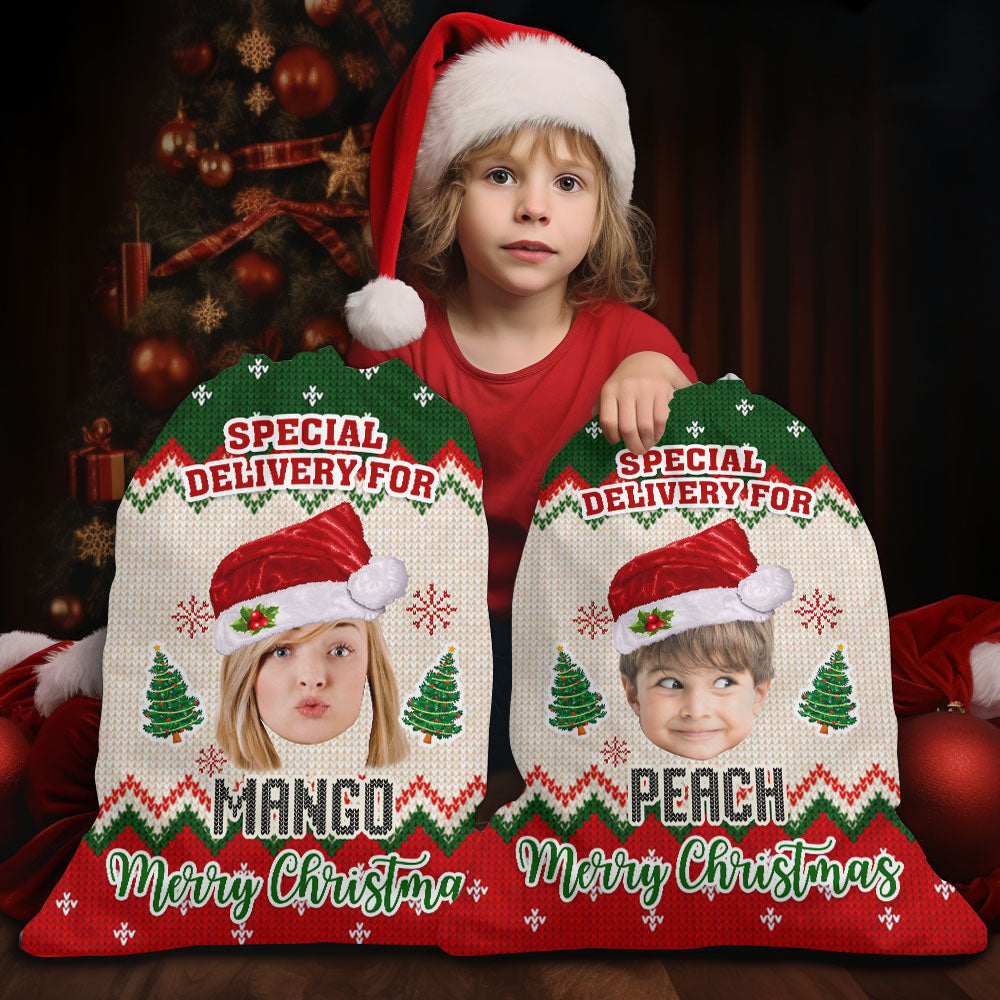 Personalized Santa Sack - Christmas Gift For Family - Ugly Sweater Pattern Face Photo