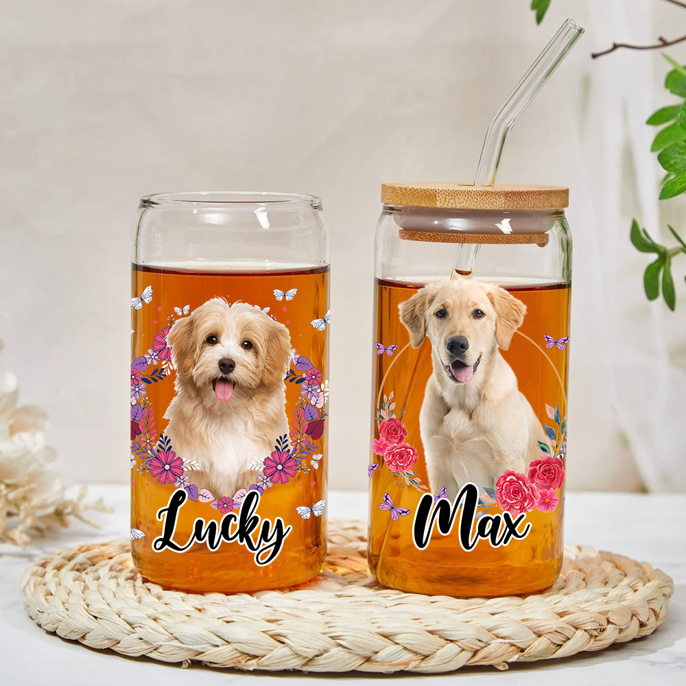 Personalized Multicolor Floral Butterfly Dog Cat Photo Glass Can With Lid & Straw