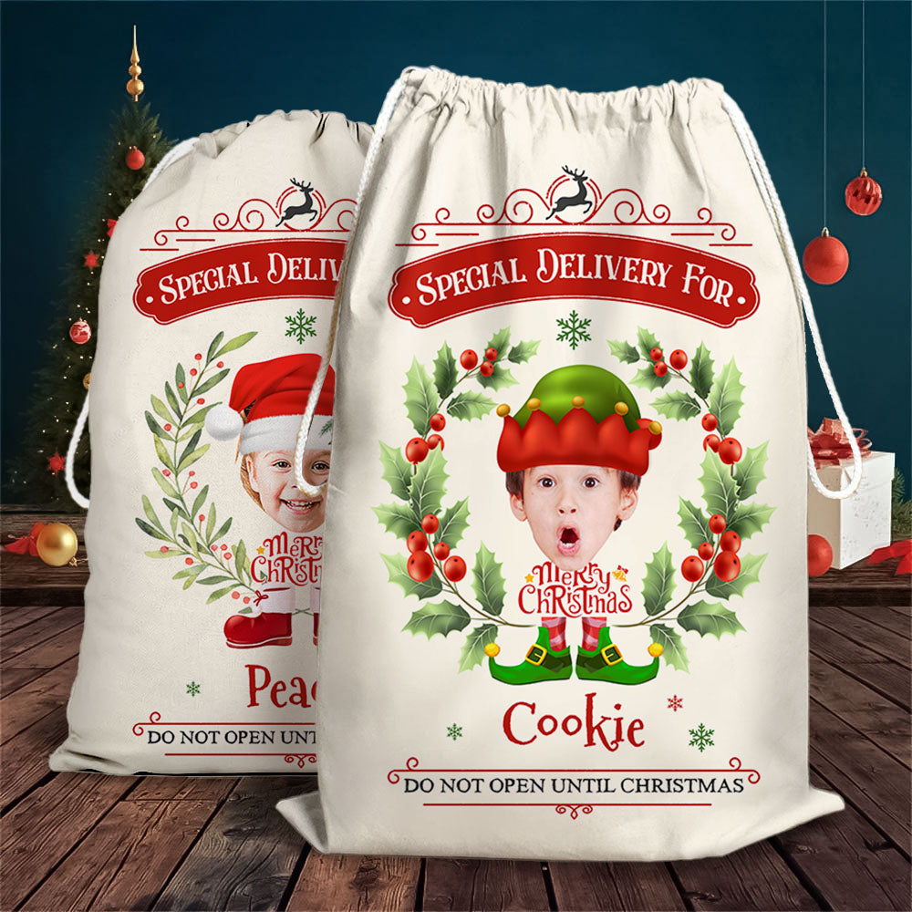 Personalized Santa Sack - Christmas Gift For Family - Holly Christmas Costume Face Photo