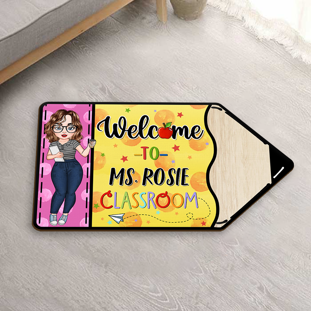 Custom Welcome To Teacher Classroom Pencil Shaped Doormat, Gift For Teacher