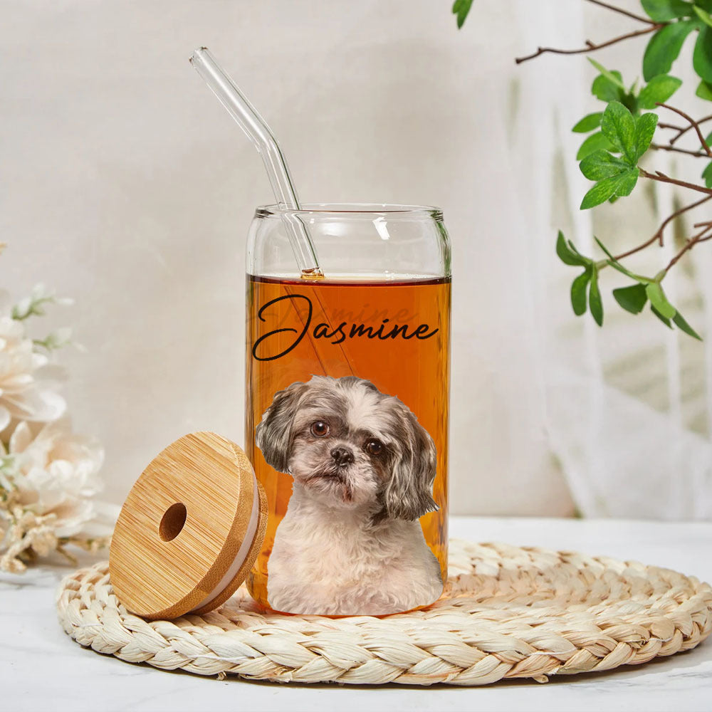 Custom Portrait Photo Glass Can With Lid & Straw, Pet Lover Gift