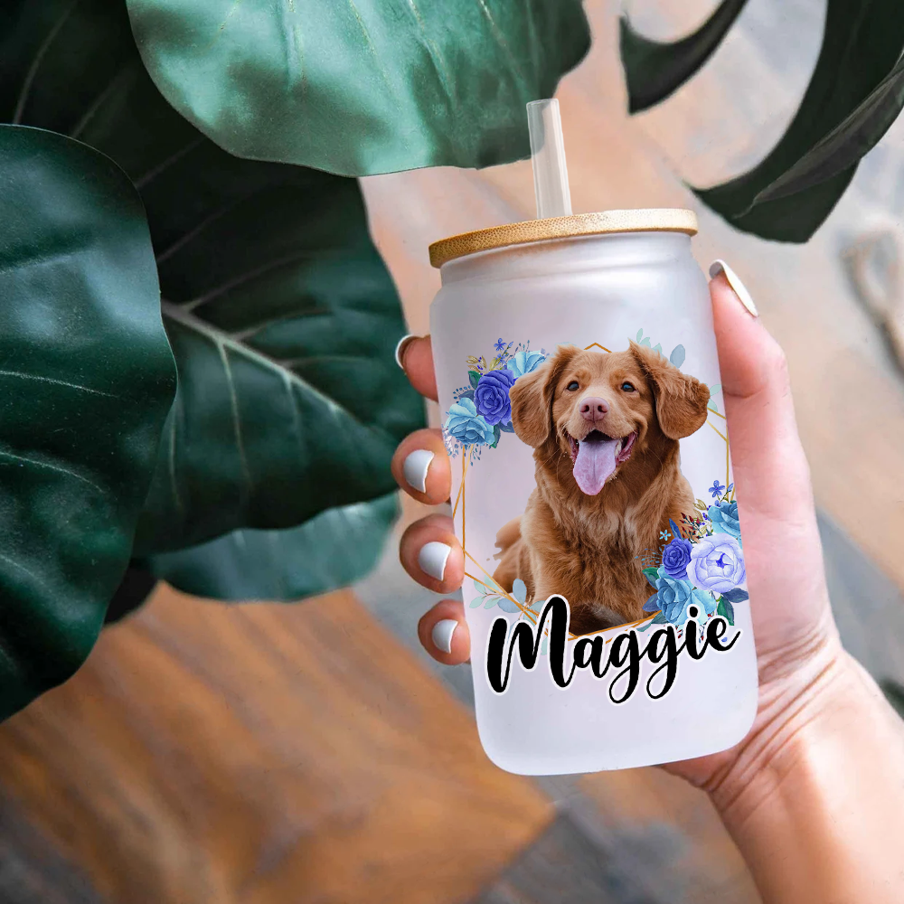 Personalized Multicolor Floral Butterfly Dog Cat Photo Glass Can With Lid & Straw