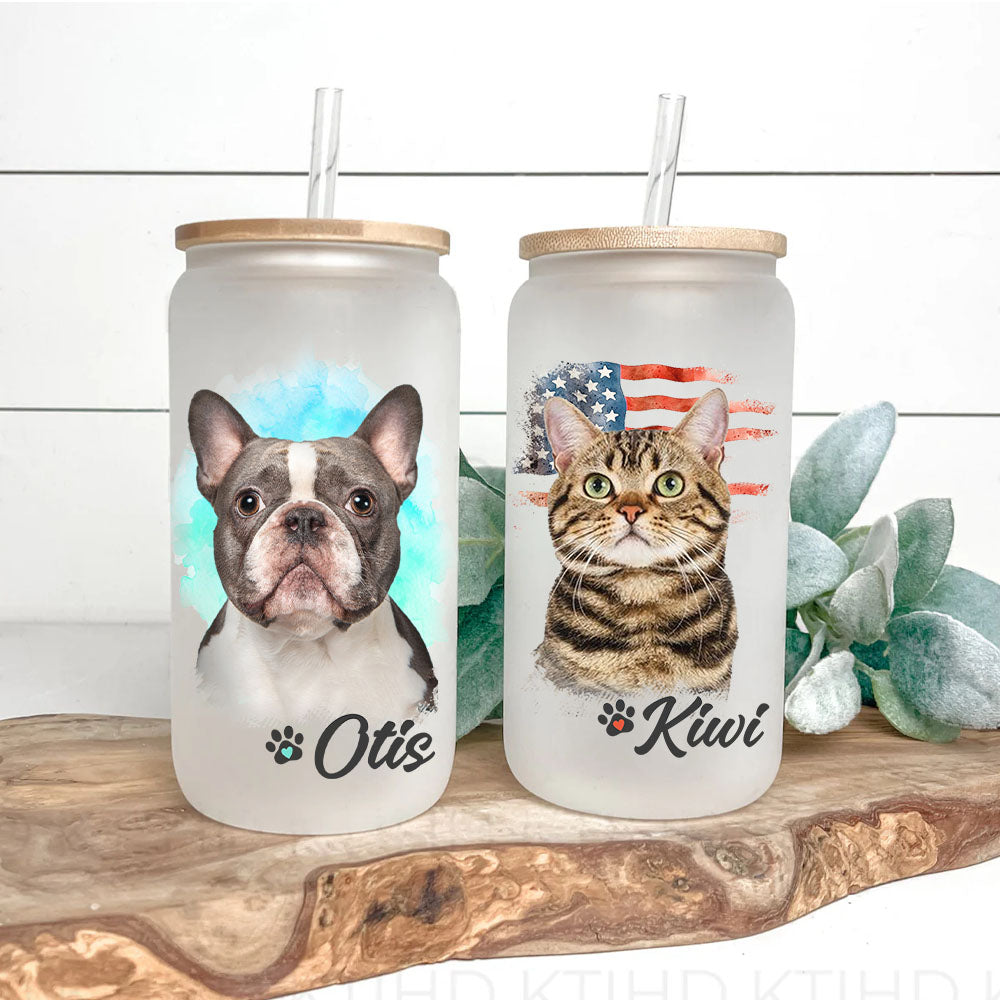 Custom Dog Cat Photo Portraits With Paws Glass Can With Lid & Straw, Pet Lover Gift