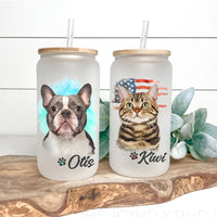 Thumbnail for Custom Dog Cat Photo Portraits With Paws Glass Can With Lid & Straw, Pet Lover Gift