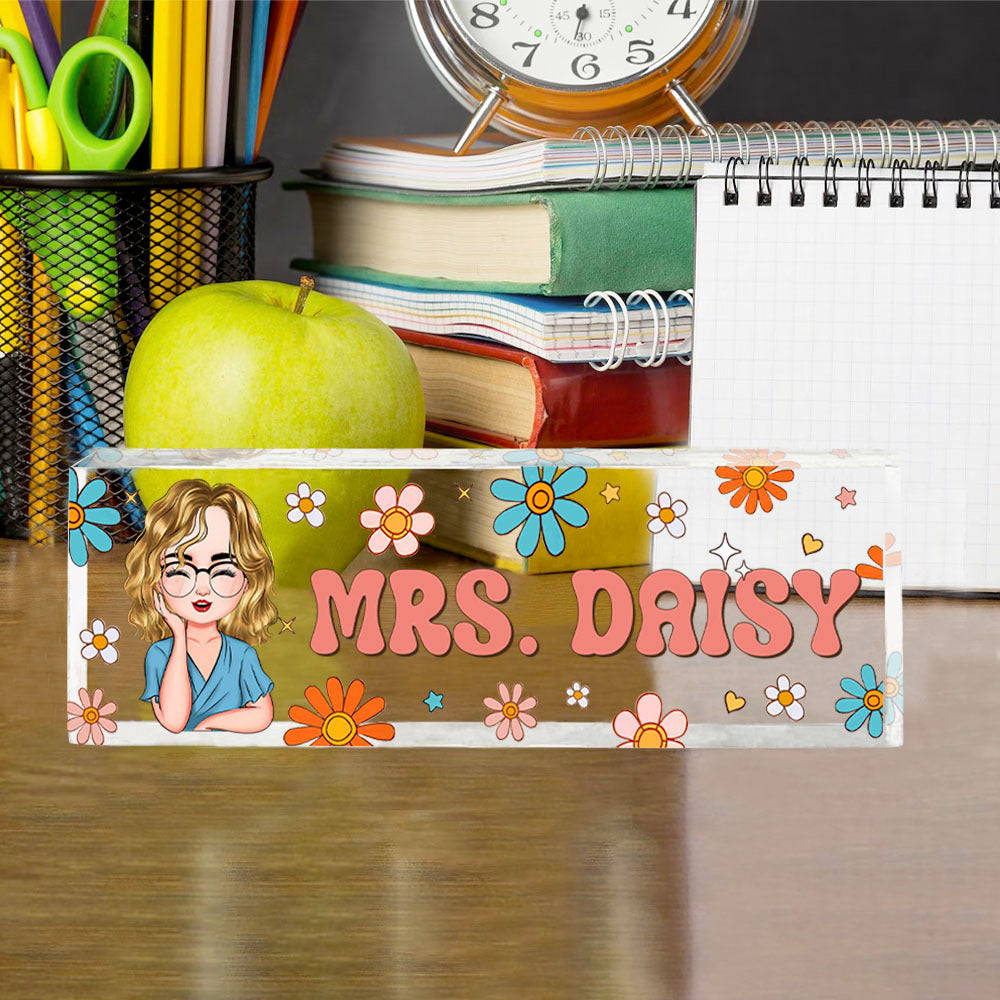 Custom Flowers Retro Magic Teacher Name Acrylic Desk Name Plate, Gift For Teacher