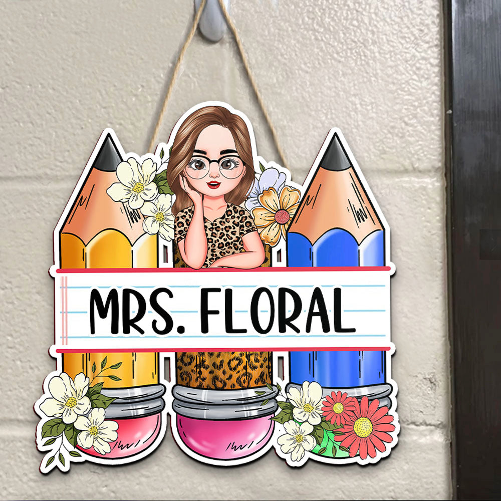 Custom Teacher Name Pencils Flowers Shaped Door Sign, Gift For Teacher