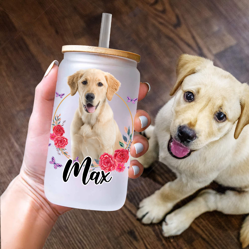 Personalized Multicolor Floral Butterfly Dog Cat Photo Glass Can With Lid & Straw