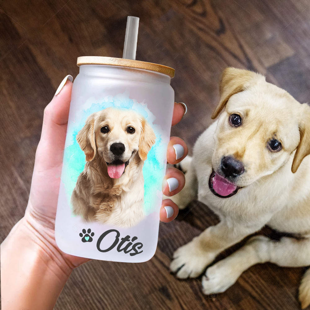 Custom Dog Cat Photo Portraits With Paws Glass Can With Lid & Straw, Pet Lover Gift