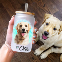 Thumbnail for Custom Dog Cat Photo Portraits With Paws Glass Can With Lid & Straw, Pet Lover Gift