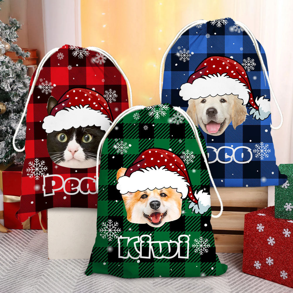 Personalized Santa Sack - Christmas Gift For Pet Lovers - Plaid Pattern Face Photo