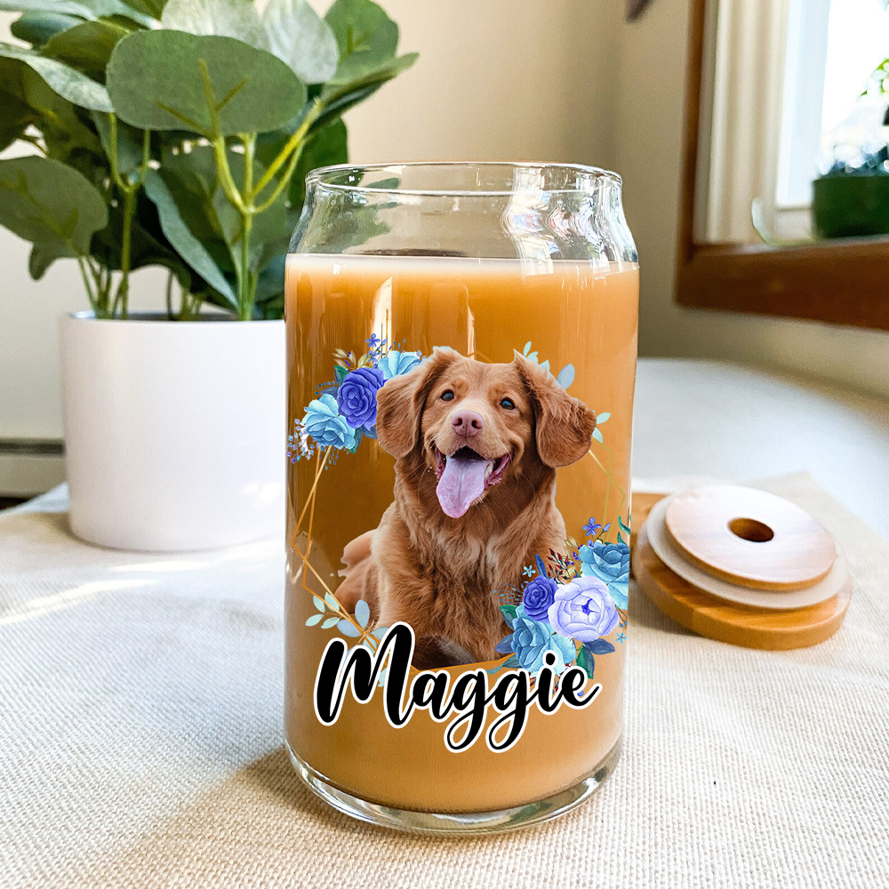 Personalized Multicolor Floral Butterfly Dog Cat Photo Glass Can With Lid & Straw