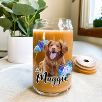 Thumbnail for Personalized Multicolor Floral Butterfly Dog Cat Photo Glass Can With Lid & Straw