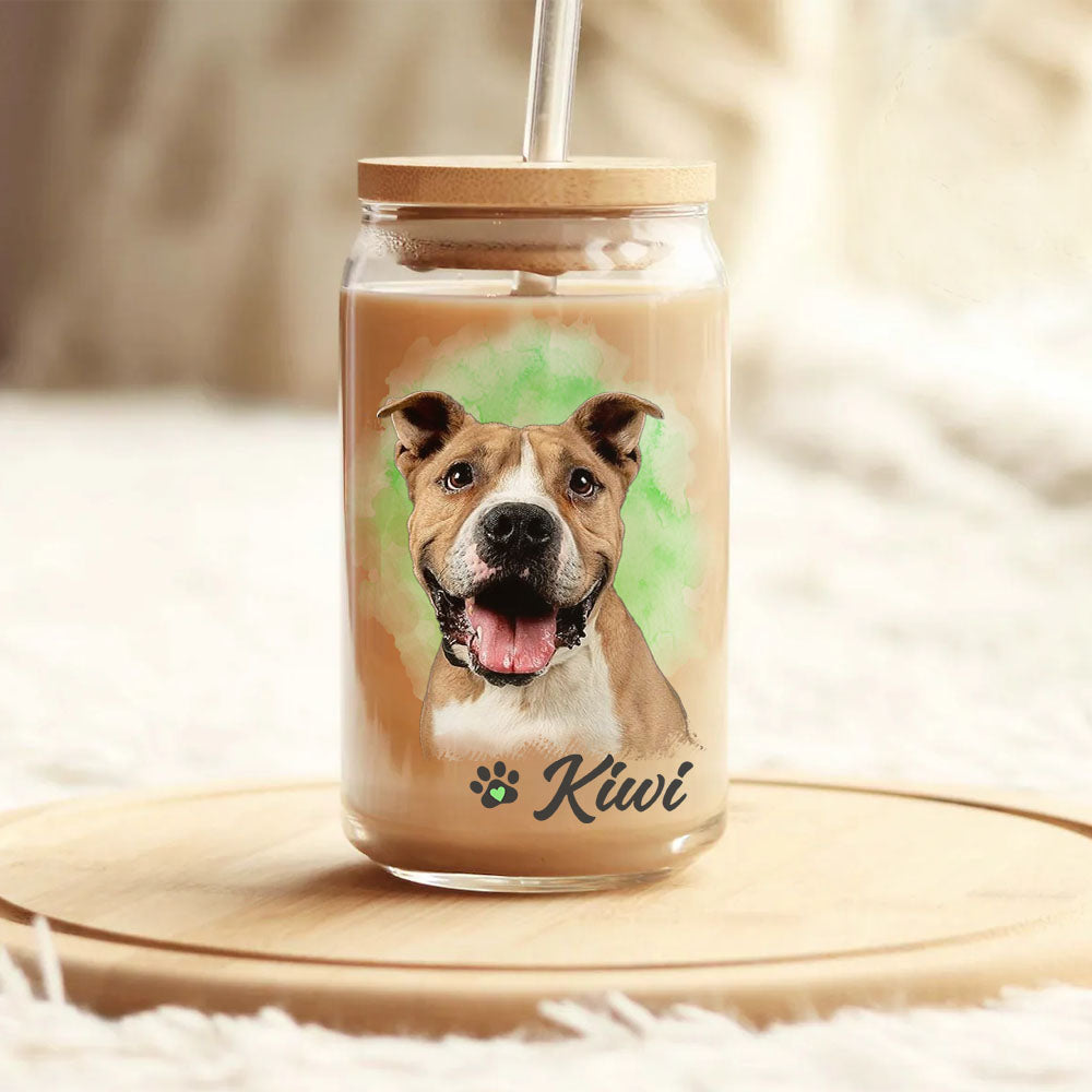 Custom Dog Cat Photo Portraits With Paws Glass Can With Lid & Straw, Pet Lover Gift