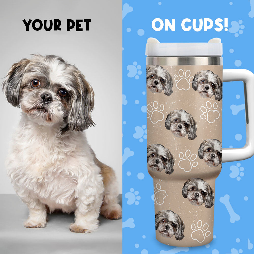 Personalized 40 oz Tumbler With Handle and Straw Lid - Gift For Pet Lovers - Dog Cat Face Photo Retro Style