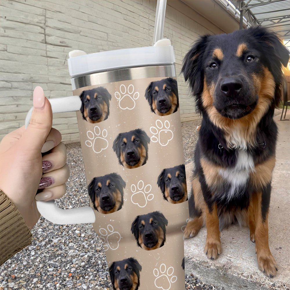 Personalized 40 oz Tumbler With Handle and Straw Lid - Gift For Pet Lovers - Dog Cat Face Photo Retro Style