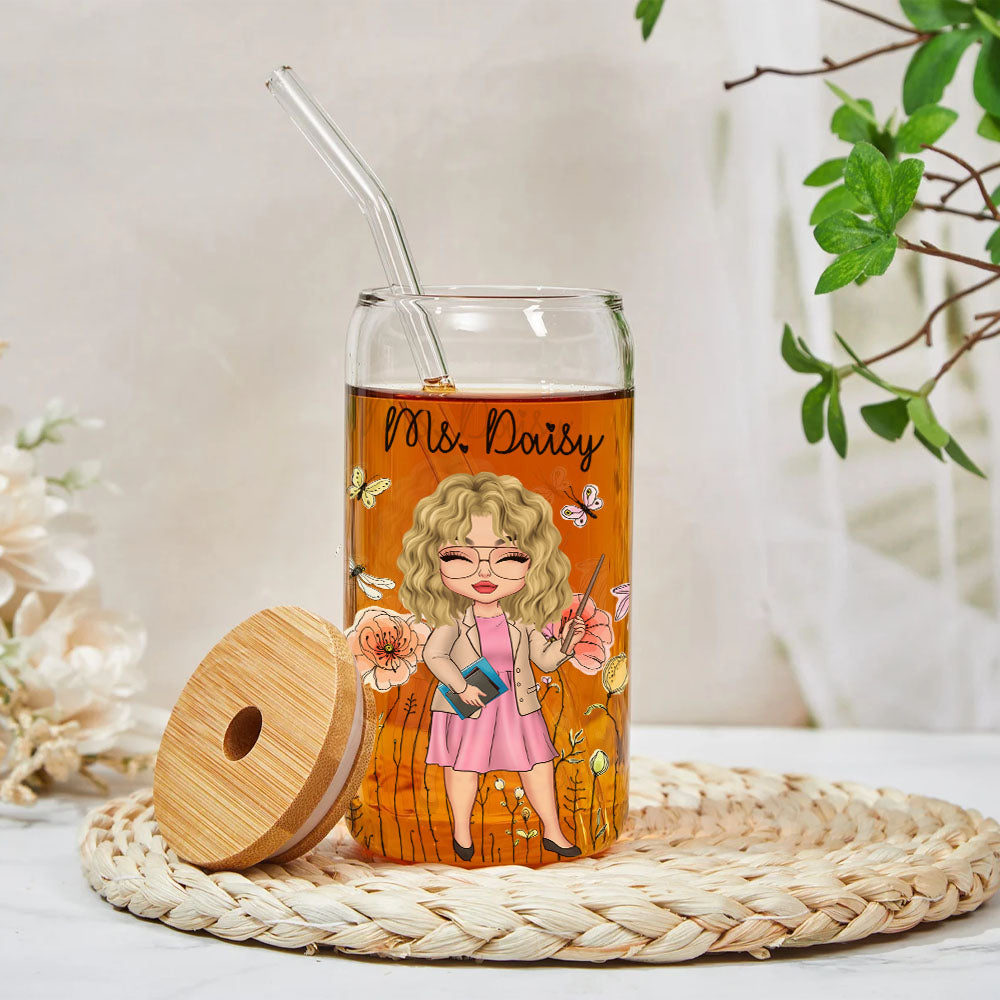 Custom Thank You For Helping Me Grow Teacher Glass Can With Lid & Straw, Gift For Teacher