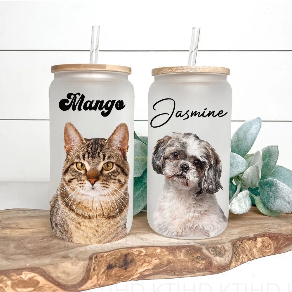 Custom Portrait Photo Glass Can With Lid & Straw, Pet Lover Gift