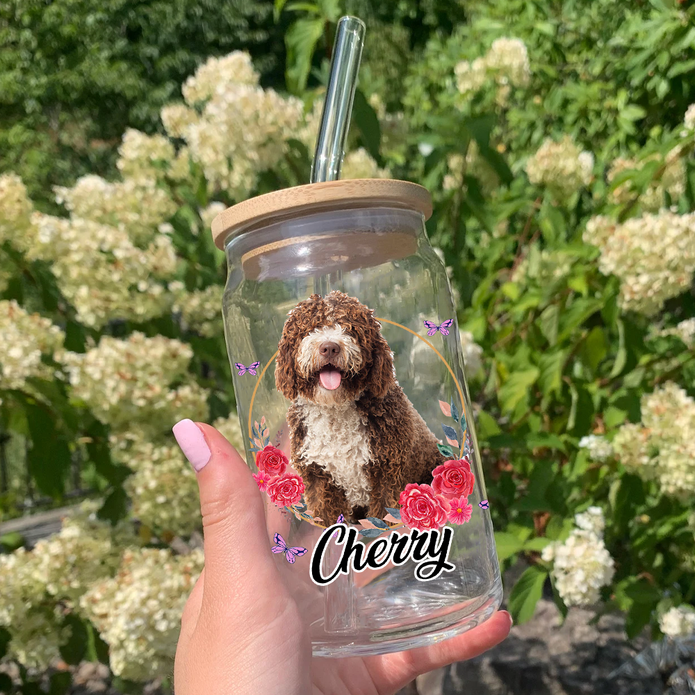 Personalized Multicolor Floral Butterfly Dog Cat Photo Glass Can With Lid & Straw