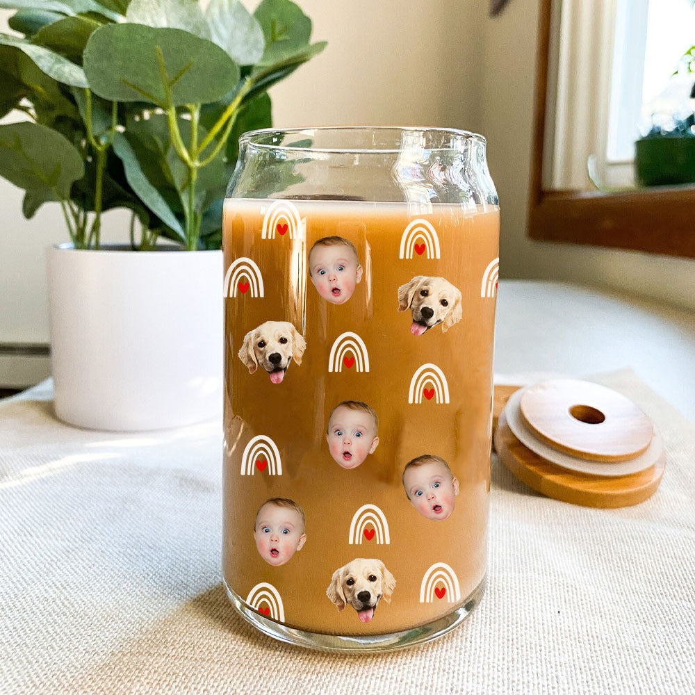 Custom Photo Face Glass Can With Lid & Straw, Pet Lover Gift