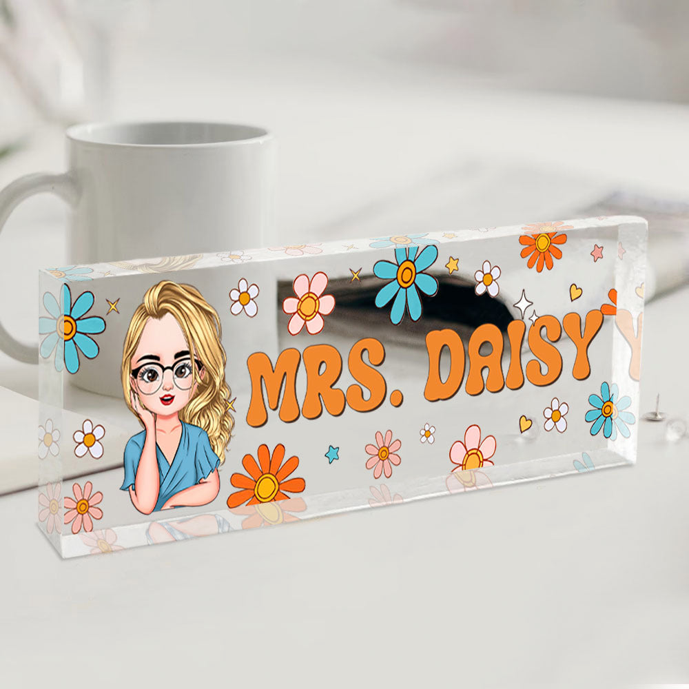 Custom Flowers Retro Magic Teacher Name Acrylic Desk Name Plate, Gift For Teacher