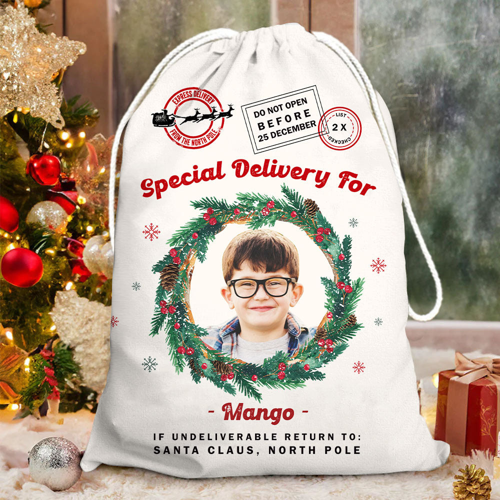 Personalized Santa Sack - Christmas Gift For Family & Pet Lover - Photo With Round Wreath