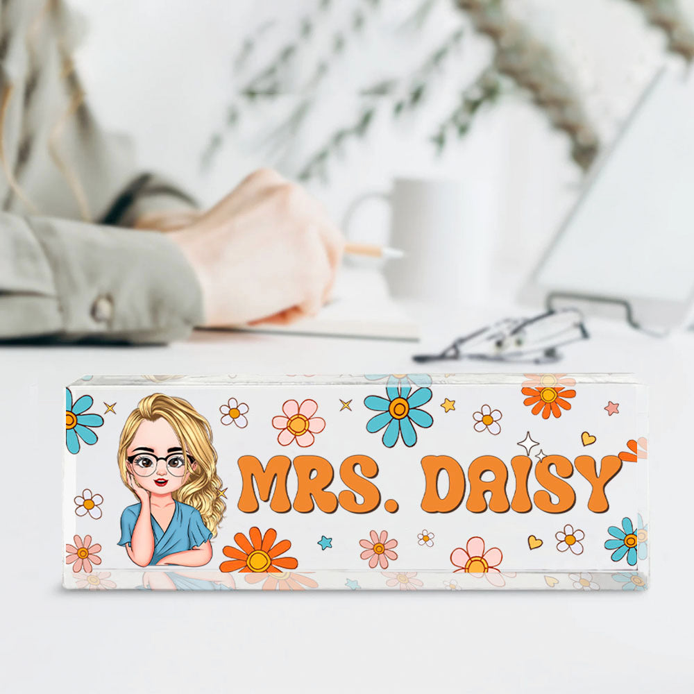 Custom Flowers Retro Magic Teacher Name Acrylic Desk Name Plate, Gift For Teacher