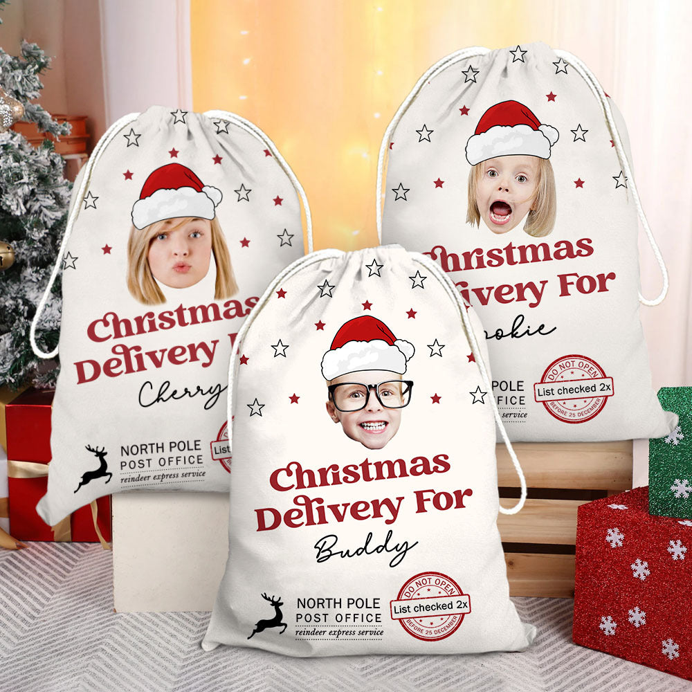 Personalized Santa Sack - Christmas Gift For Family - Upload Face Photo With Santa Hat