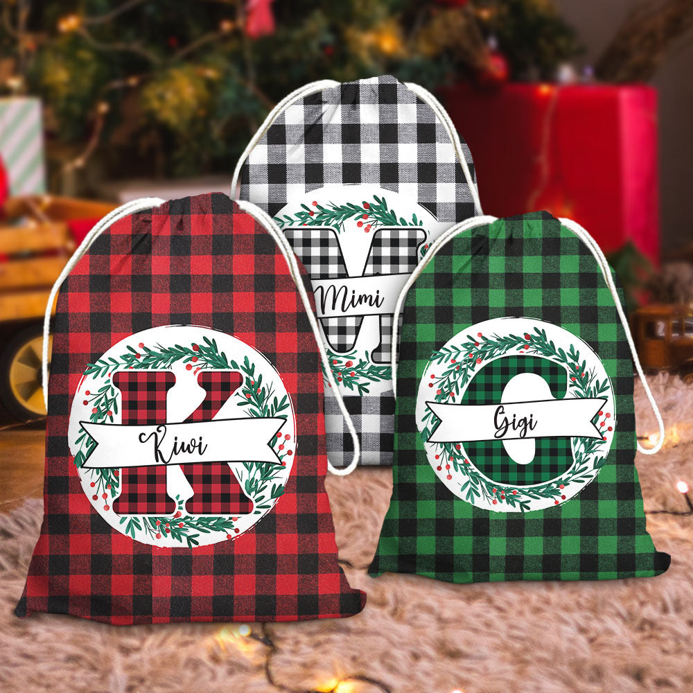 Personalized Santa Sack - Christmas Gift For Family - Buffalo Plaid With Monogram Family