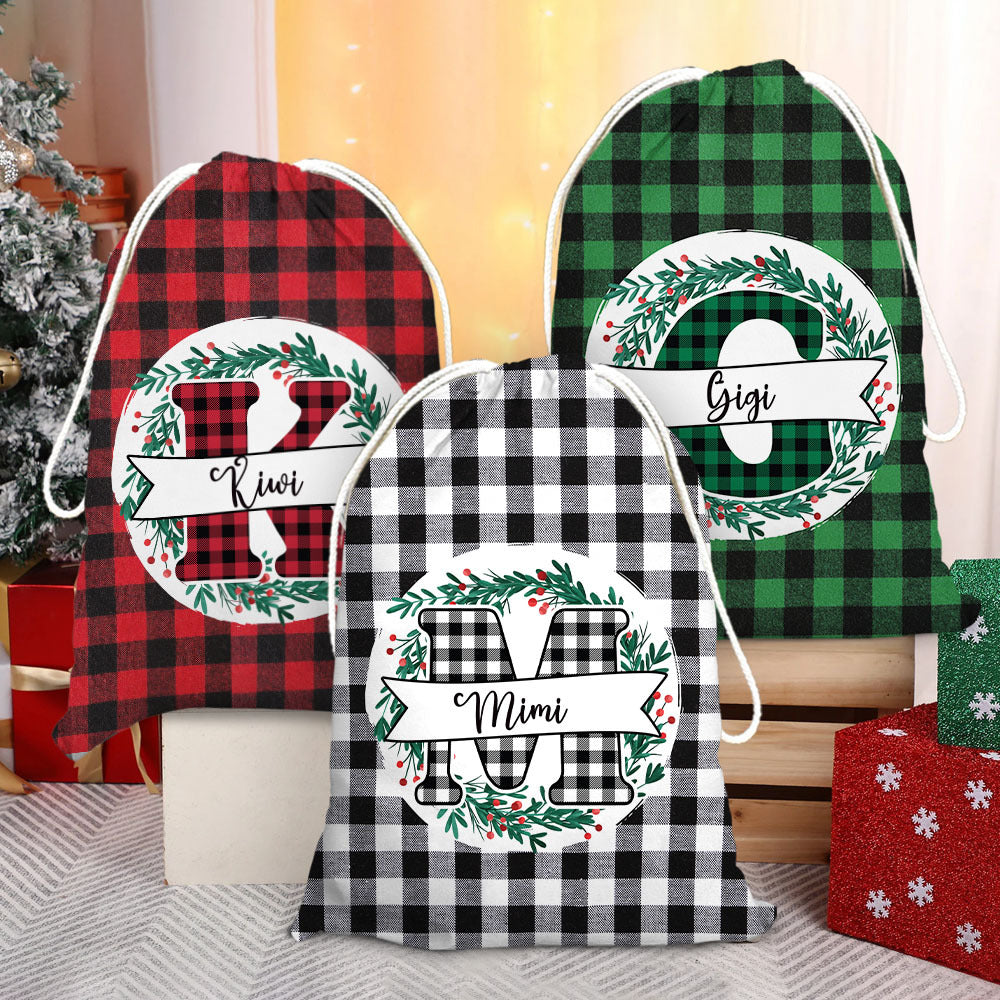 Personalized Santa Sack - Christmas Gift For Family - Buffalo Plaid With Monogram Family