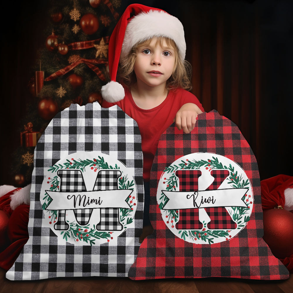 Personalized Santa Sack - Christmas Gift For Family - Buffalo Plaid With Monogram Family