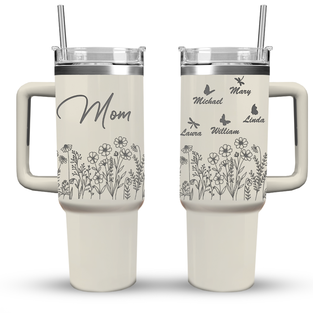 Personalized Insulated Engraved 40oz Tumbler - Mother's Day Gift - Floral Butterflies Mom And Kids